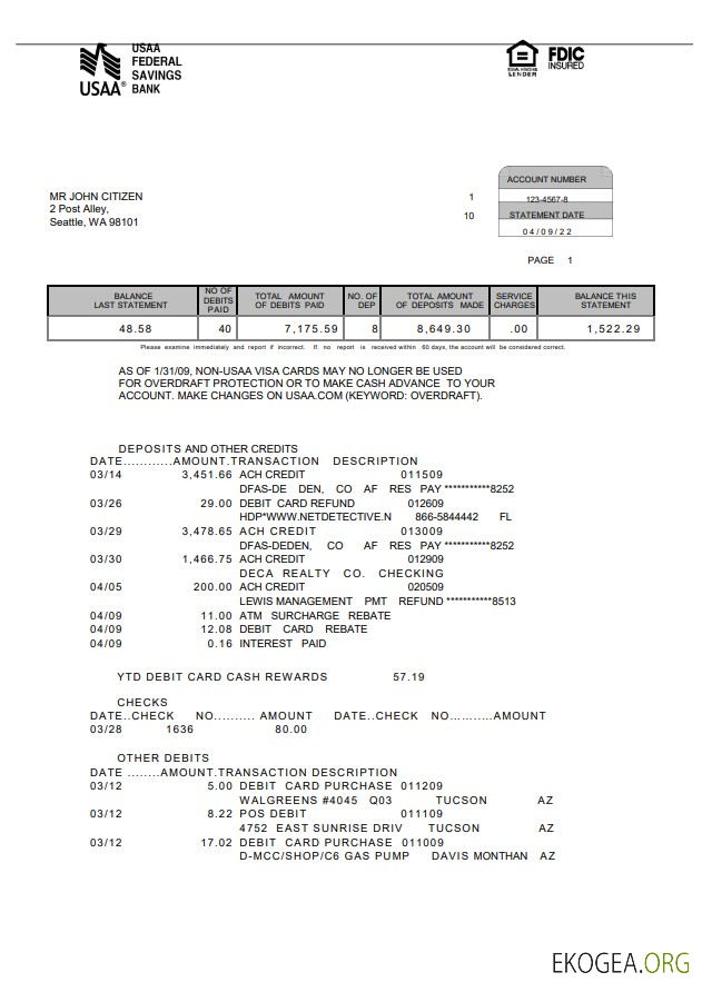 USA Relevé bancaire USAA 5 pages